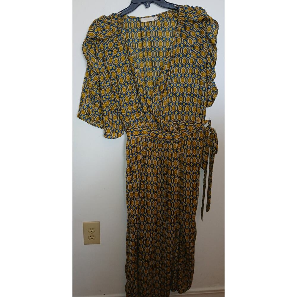 Happy Nature Blue Gold Medallion Greek Key Print Wrap Dress Career Church XL 14